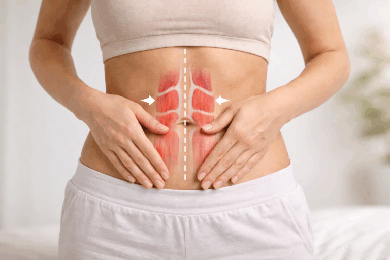 Bild eine Frau, die beide Hände auf den Bauch legt